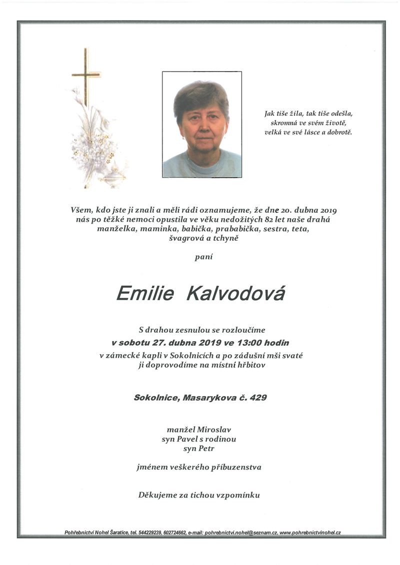 Smuteční oznámení – Emilie Kalvodova