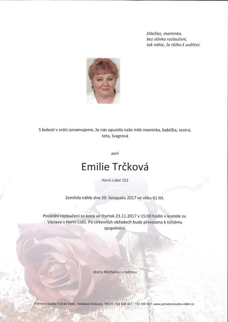 Smuteční oznámení – Emilie Trčková