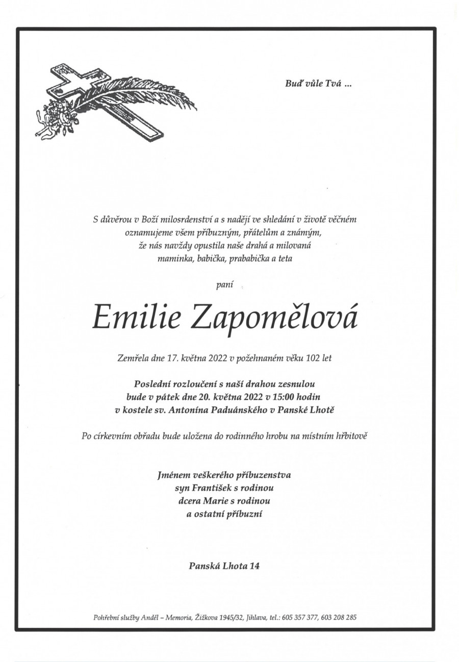 Smuteční oznámení – Emilie Zapomělová