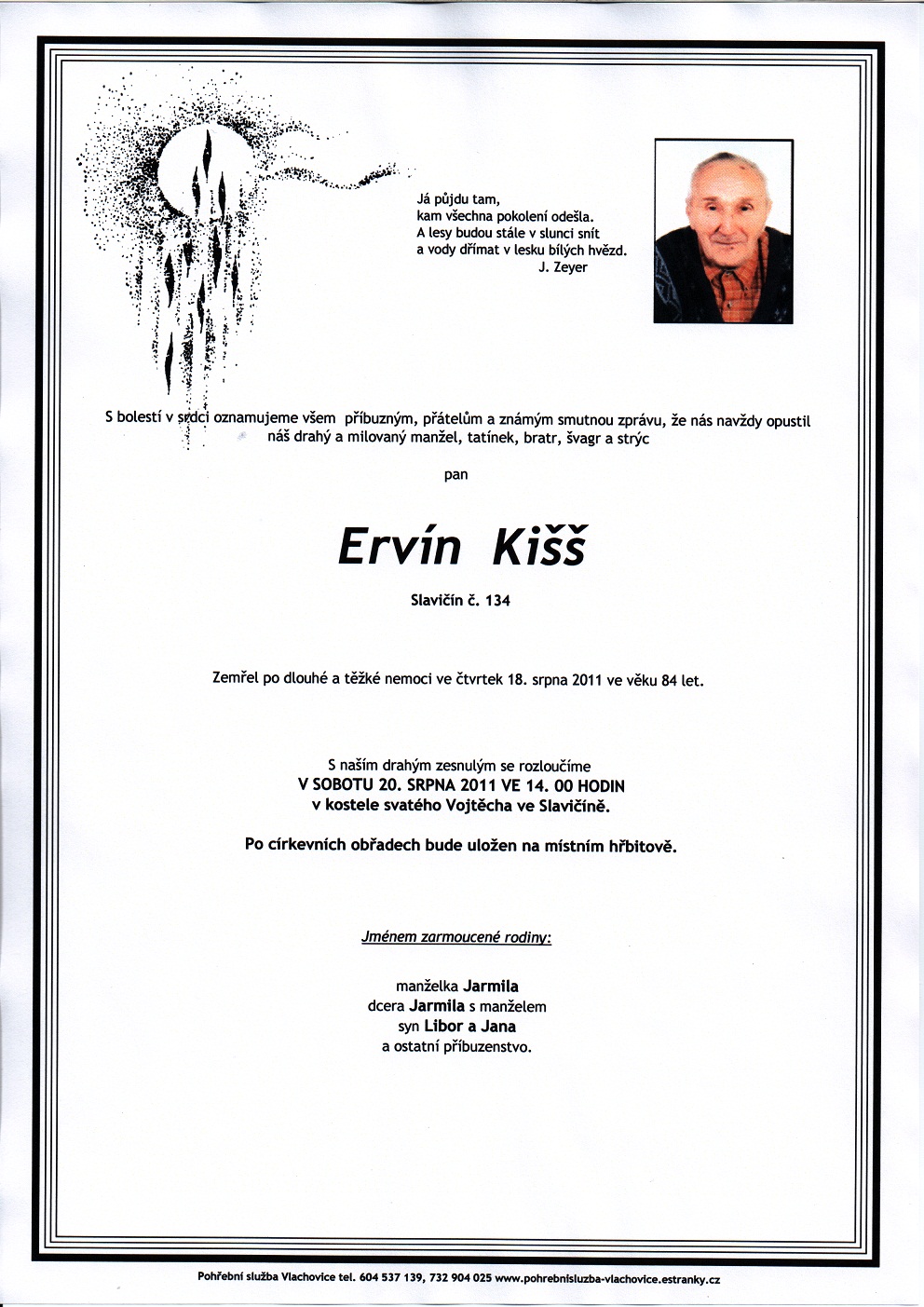 Smuteční oznámení – Ervín Kišš