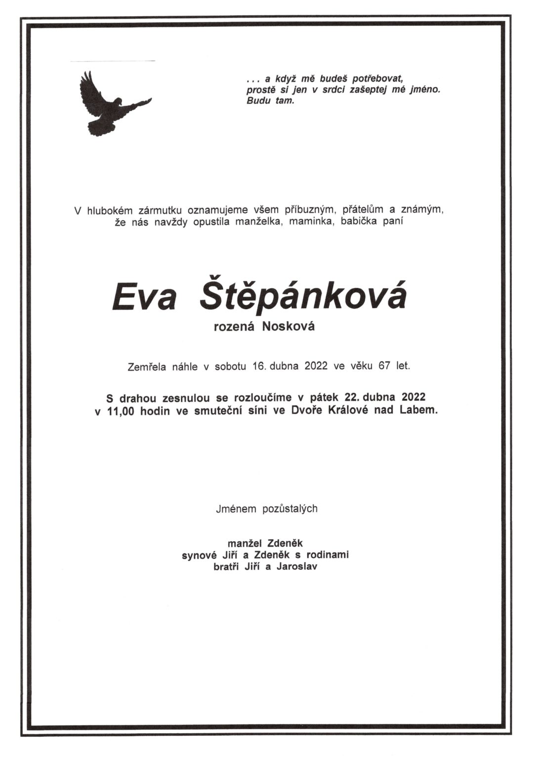 Smuteční oznámení – Eva Štěpánková