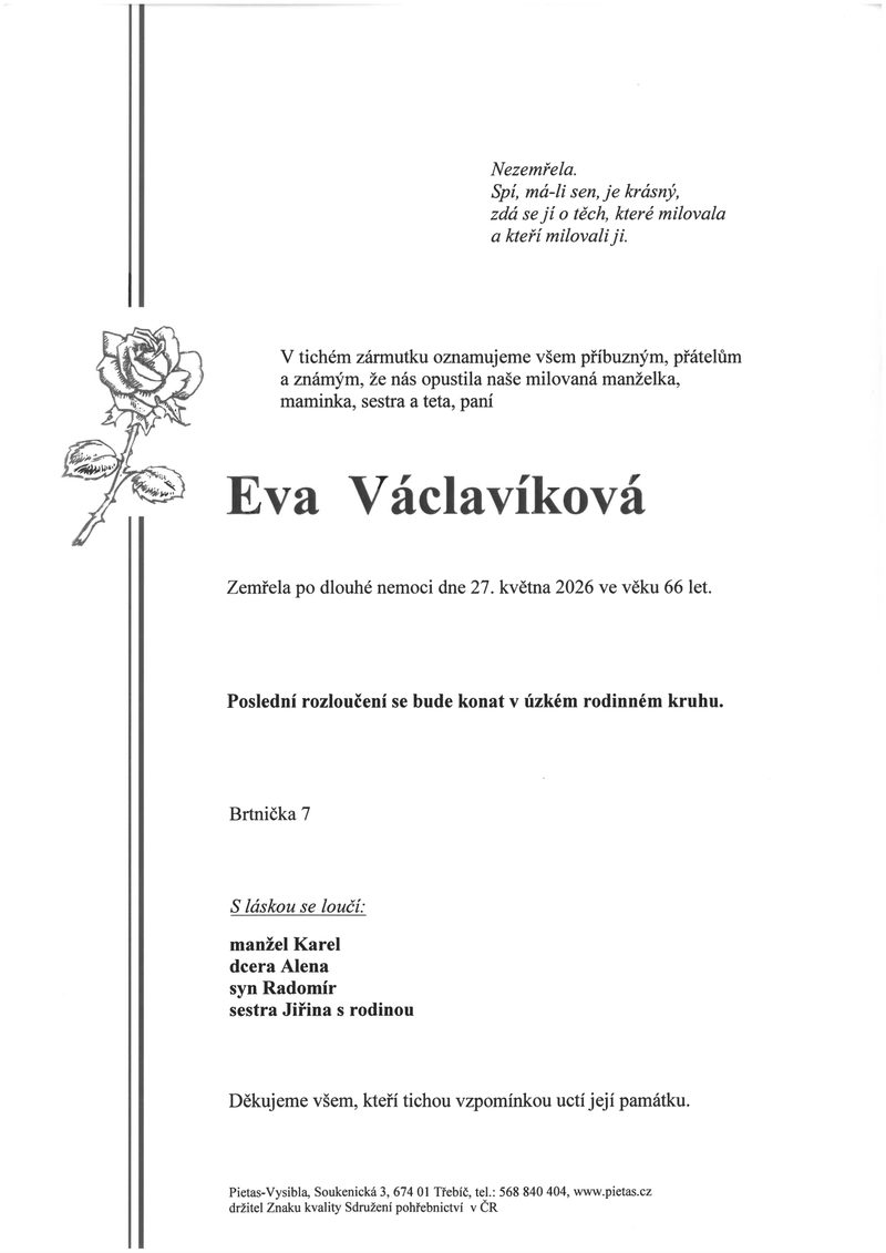 Smuteční oznámení – Eva Václavíková
