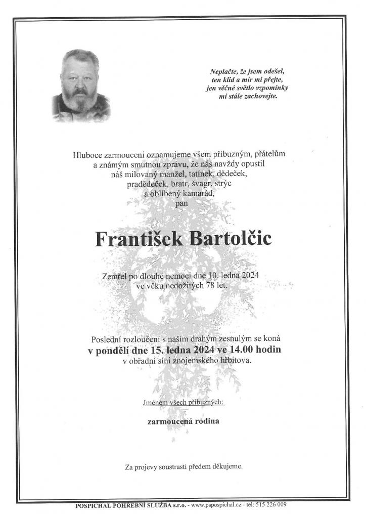 Smuteční oznámení – František Bartolčic