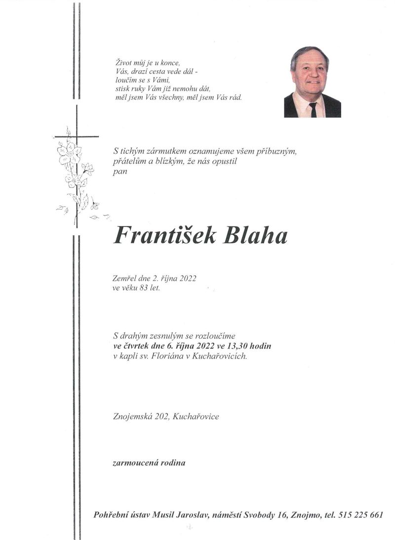 Smuteční oznámení – František Blaha