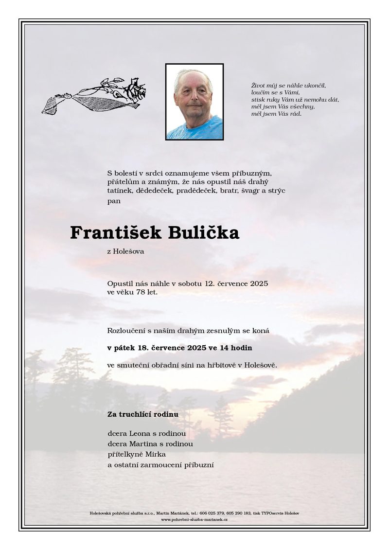 Smuteční oznámení – František Bulička