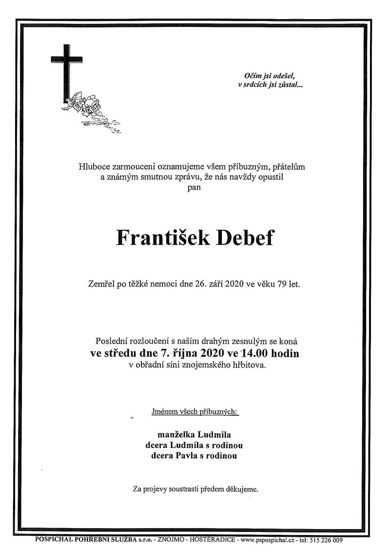 Smuteční oznámení – František Debef