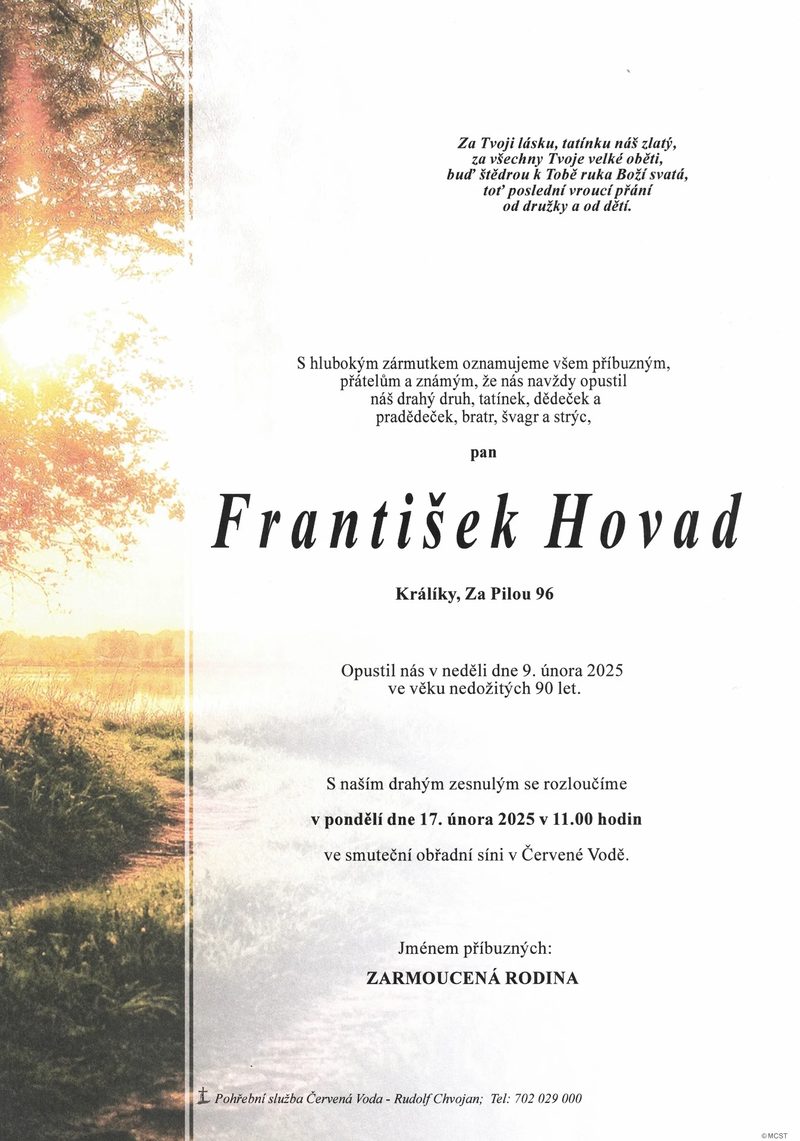 Smuteční oznámení – František Hovad