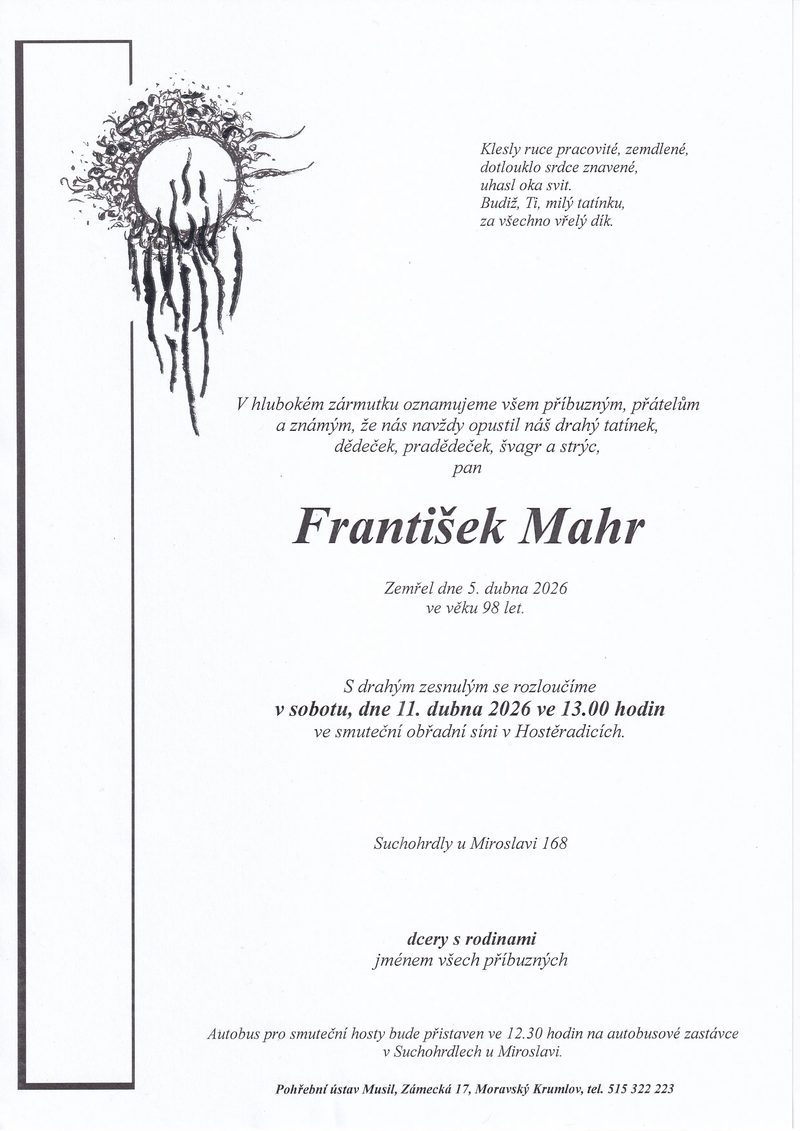 Smuteční oznámení – Frantisek Mahr