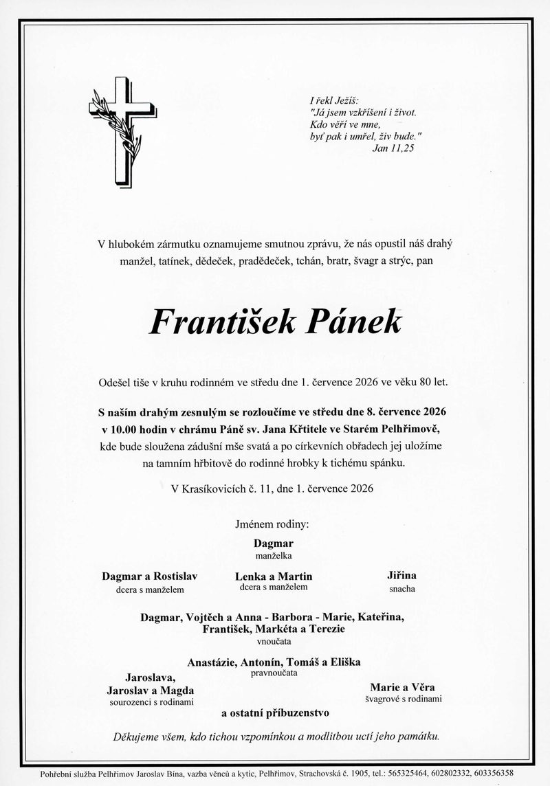 Smuteční oznámení – František Pánek