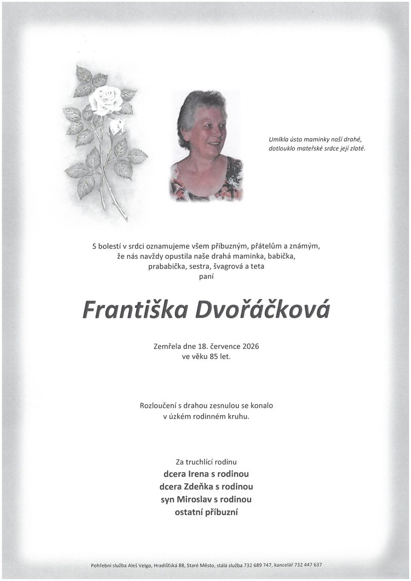 Smuteční oznámení – Františka Dvořáčková