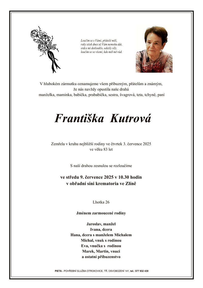 Smuteční oznámení – Františka Kutrová