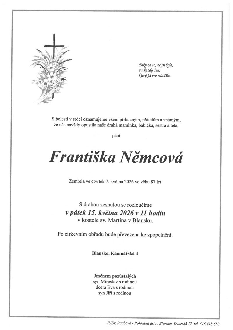 Smuteční oznámení – Františka Němcová