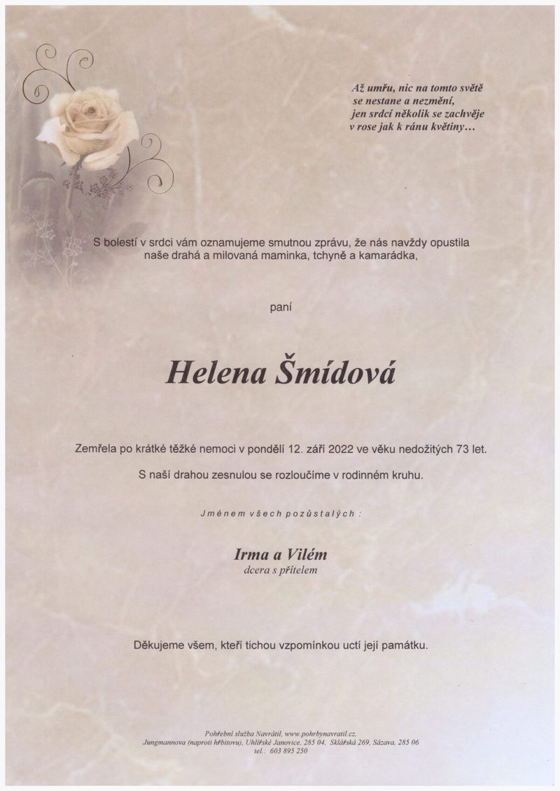 Smuteční oznámení – Františka Šmídová
