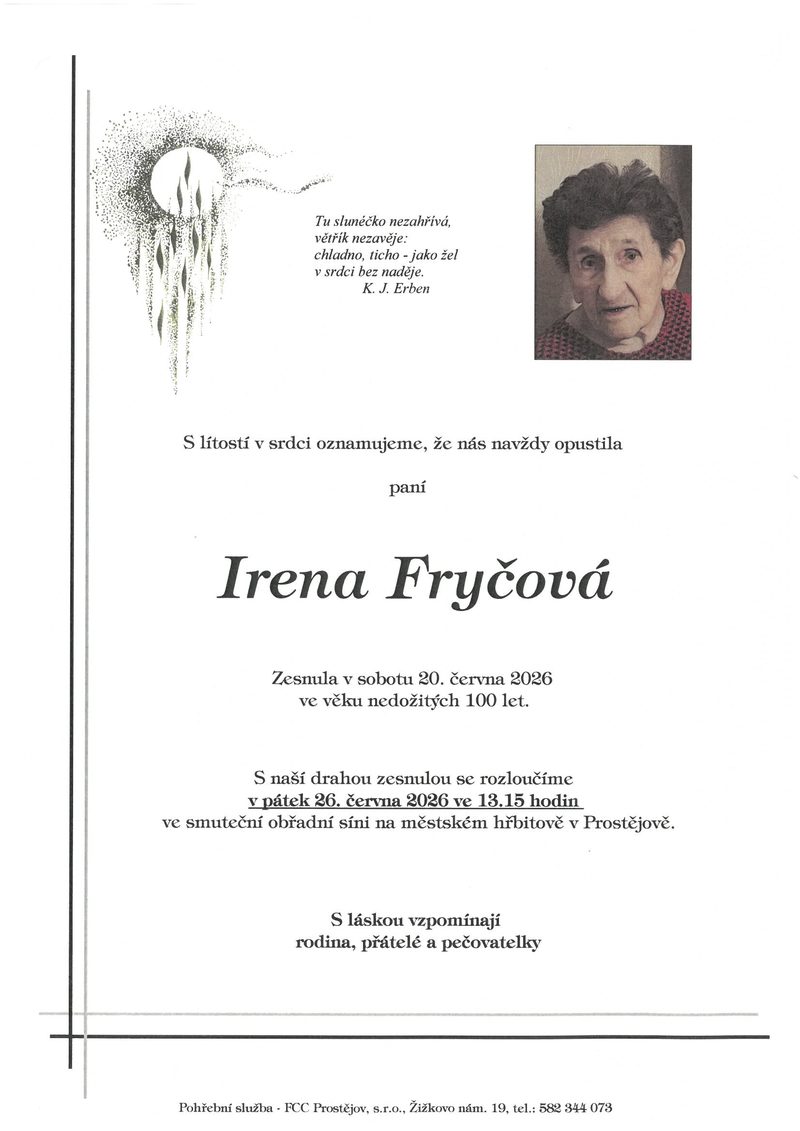 Smuteční oznámení – Fryčová Fryčová