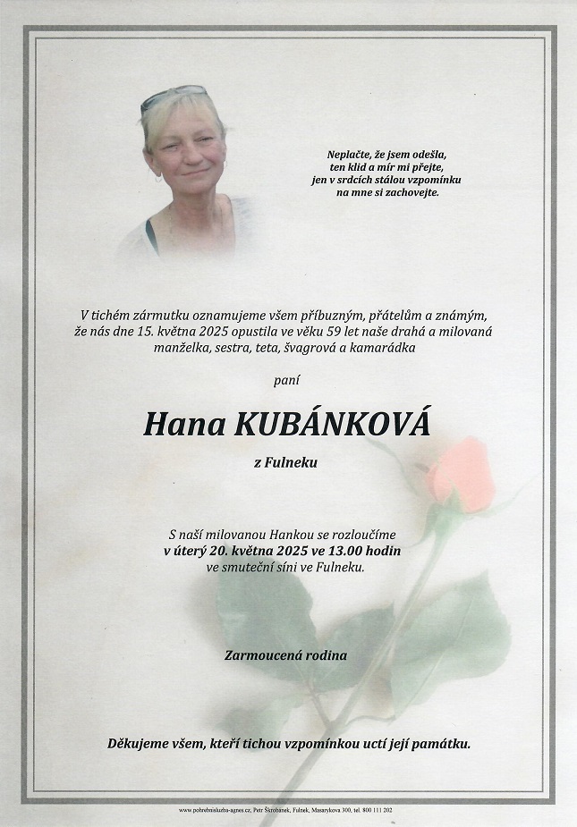 Smuteční oznámení – Hana Kubánková
