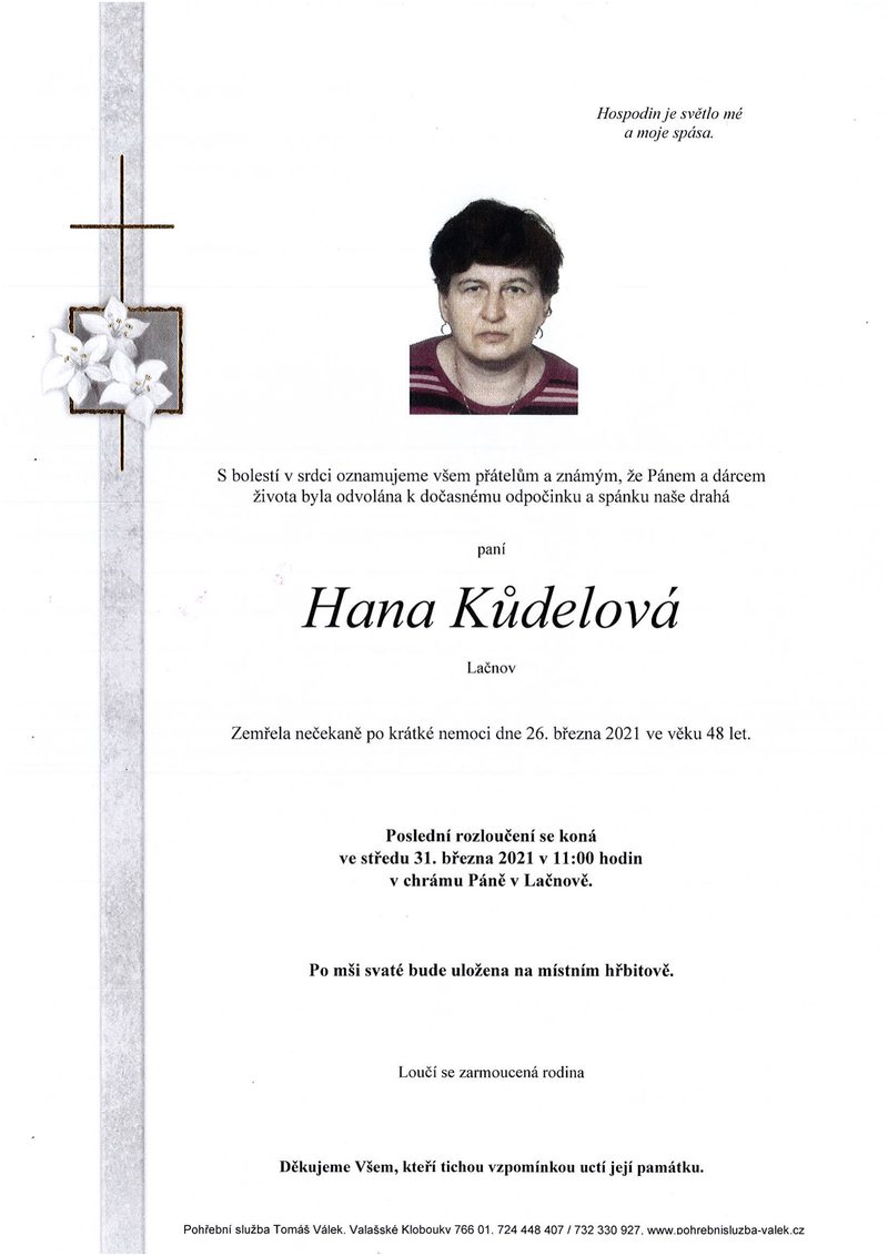 Smuteční oznámení – Hana Kůdelová