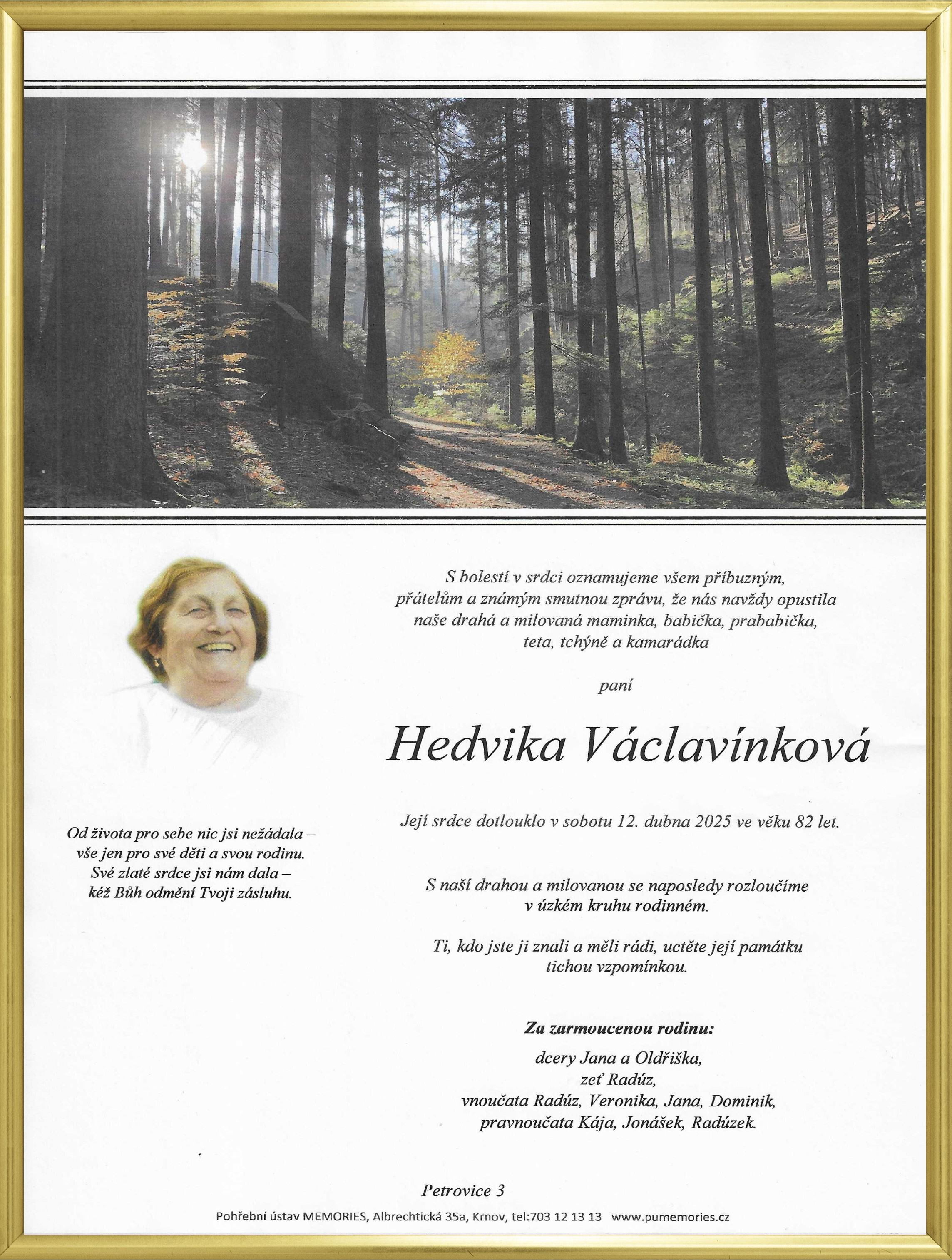 Smuteční oznámení – Hedvika Václavínková