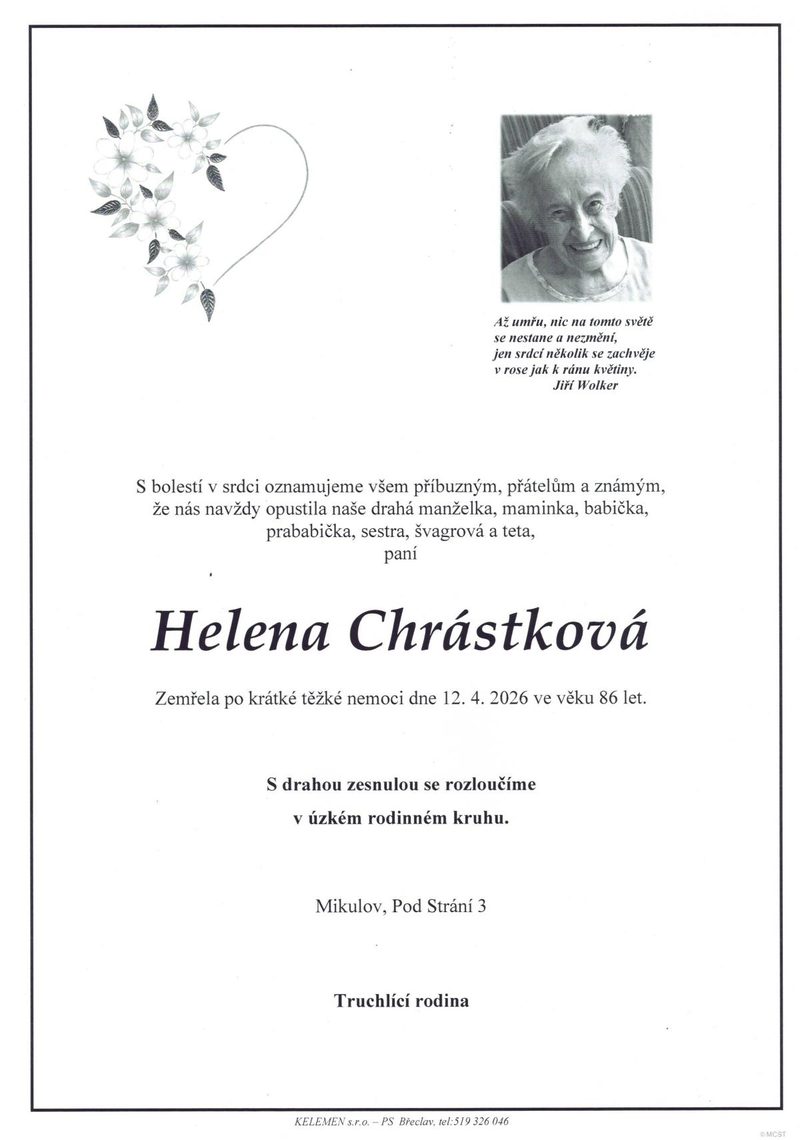 Smuteční oznámení – Helena Chrástková