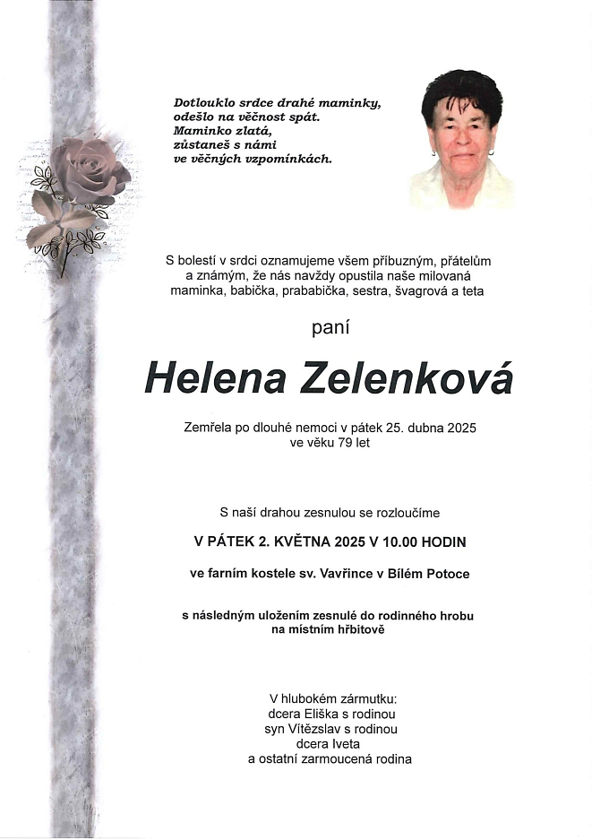 Smuteční oznámení – Helena Zelenková