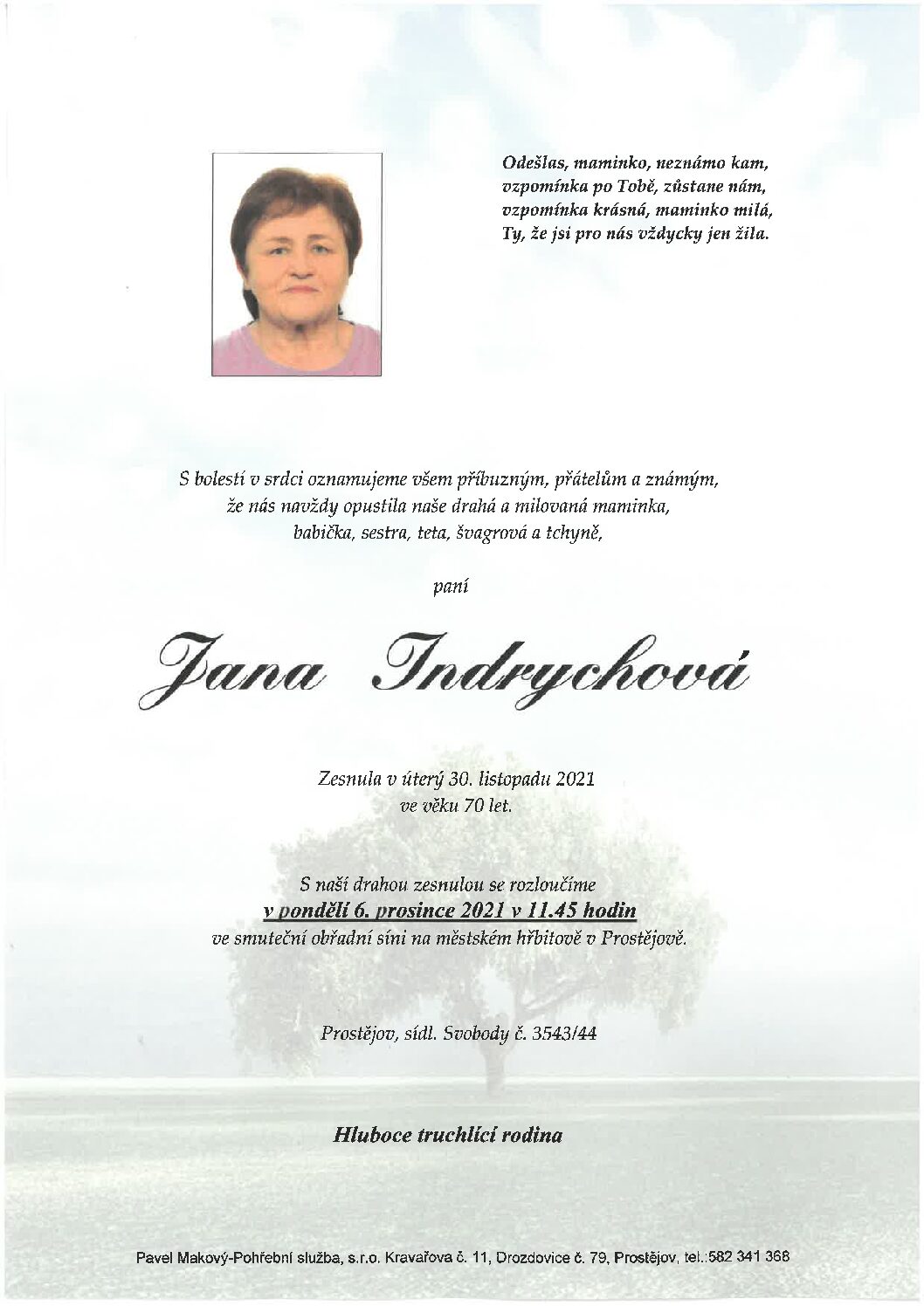 Smuteční oznámení – Indrychova