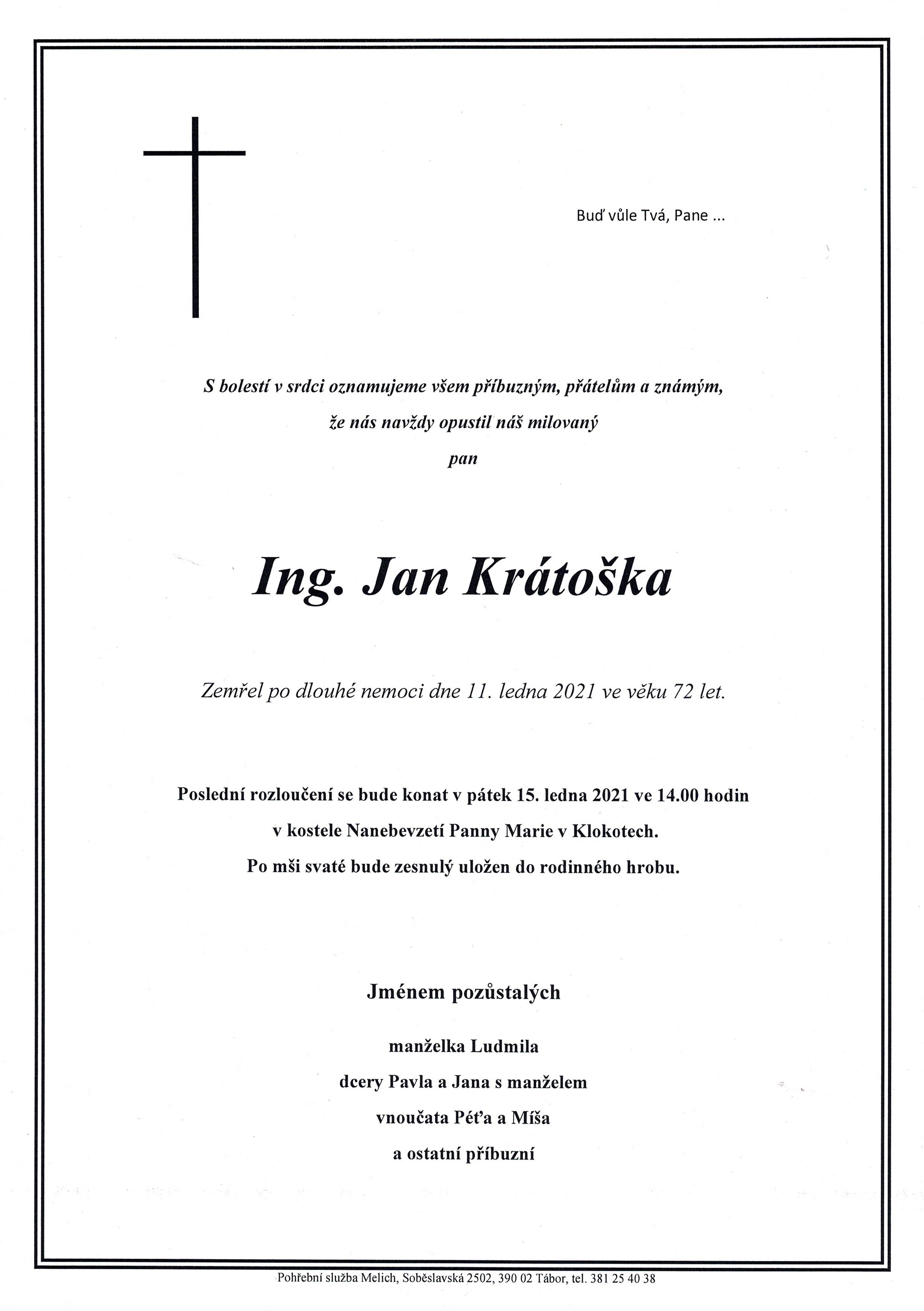 Smuteční oznámení – Ing. Ing Jan Kratoska