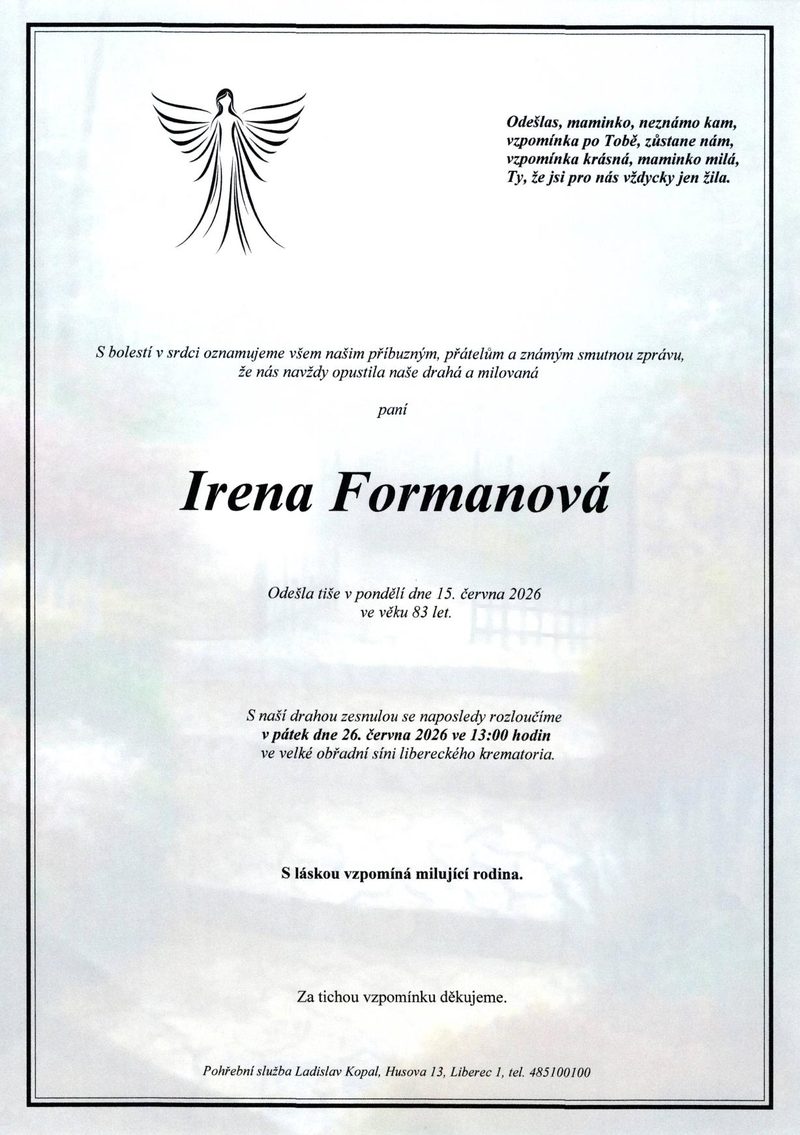 Smuteční oznámení – Irena Formanová