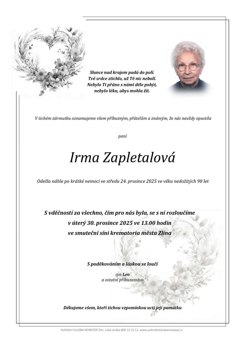 Smuteční oznámení – Irma Zapletalová