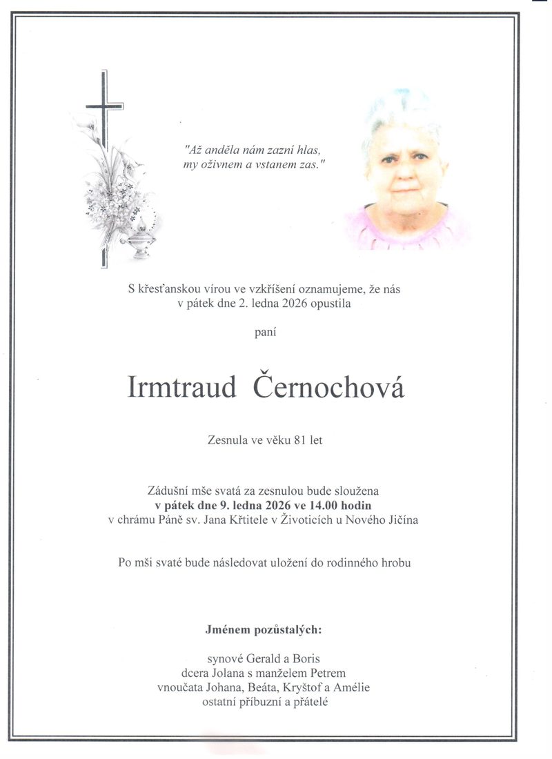 Smuteční oznámení – Irmtraud Černochová
