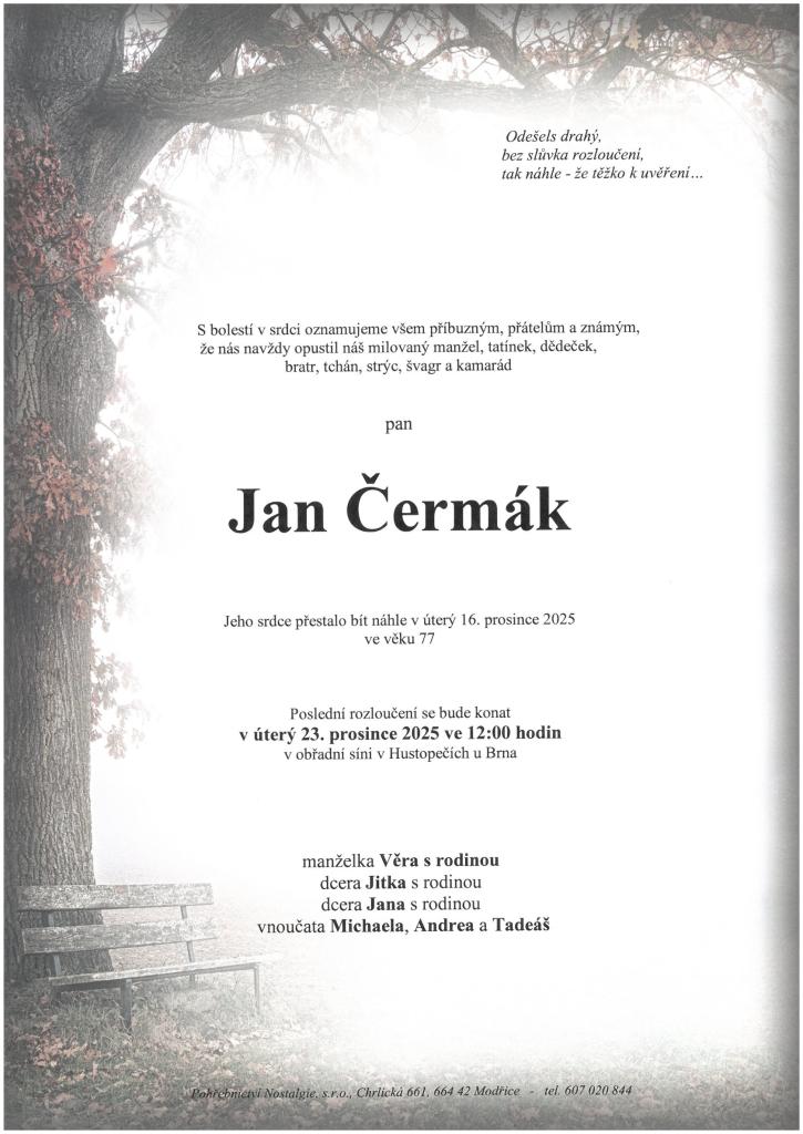 Smuteční oznámení – Jan Čermák