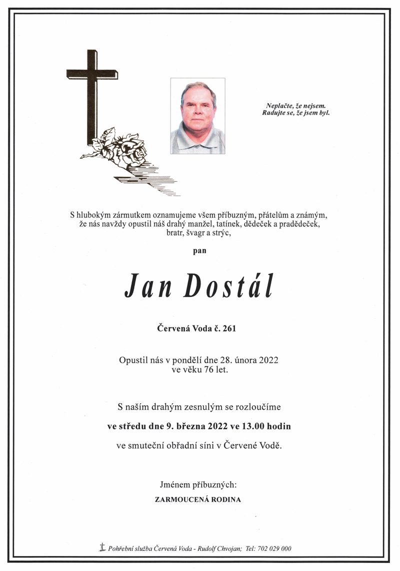 Smuteční oznámení – Jan Dostál