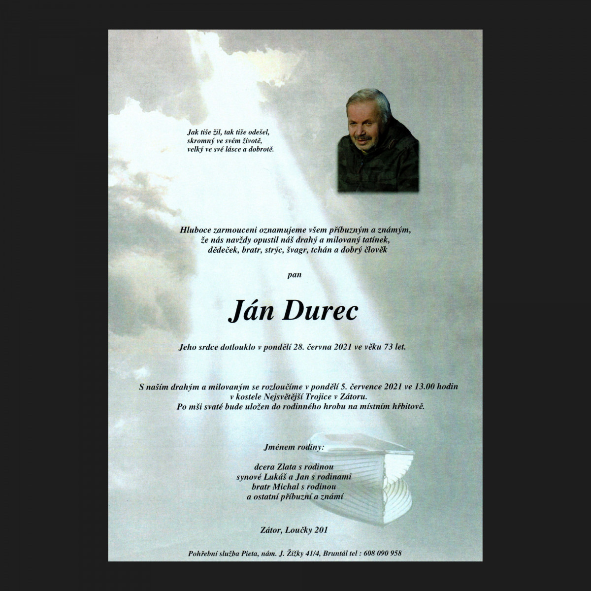 Smuteční oznámení – Ján Durec