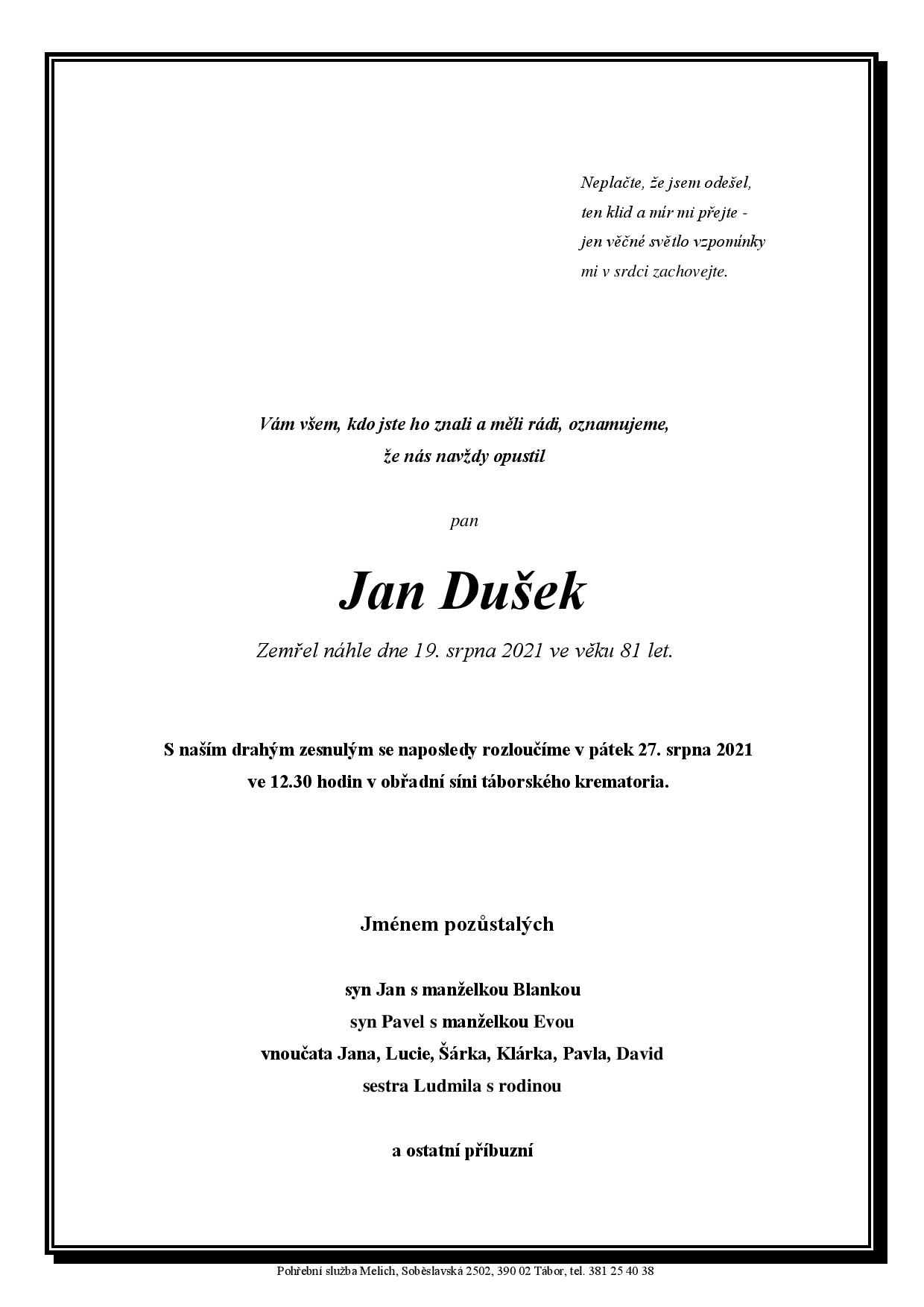 Smuteční oznámení – Jan Dušek