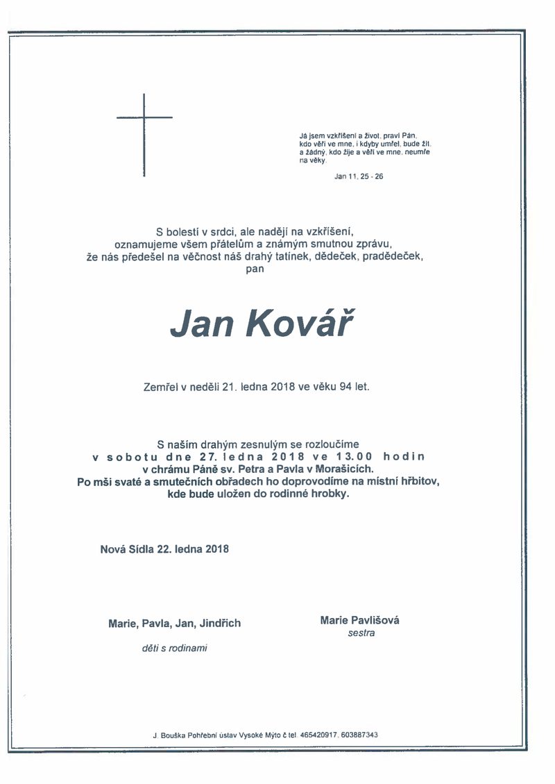 Smuteční oznámení – Jan Kovář