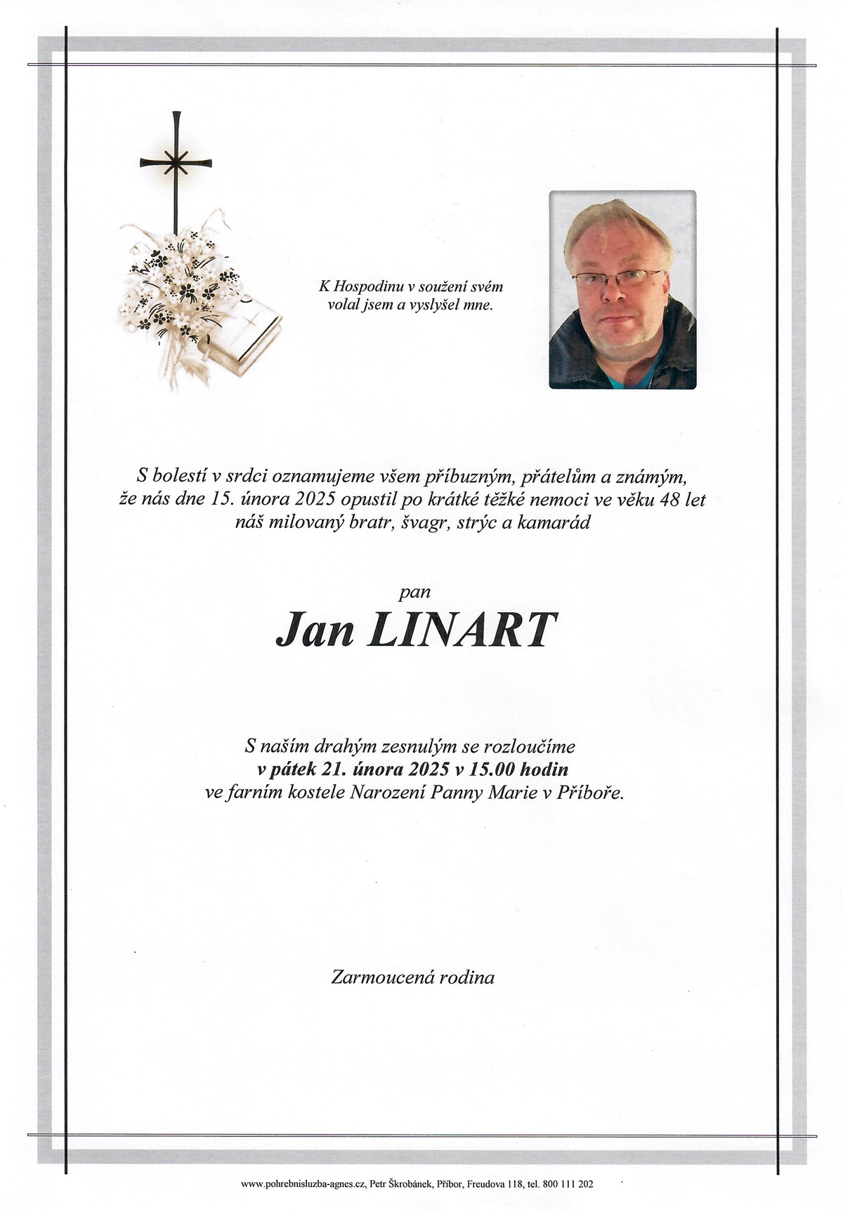 Smuteční oznámení – Jan Linart