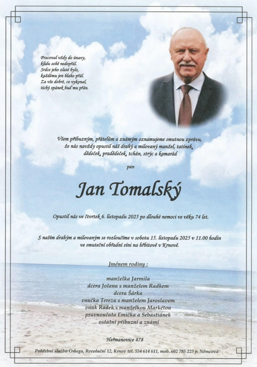 Smuteční oznámení – Jan Tomalský