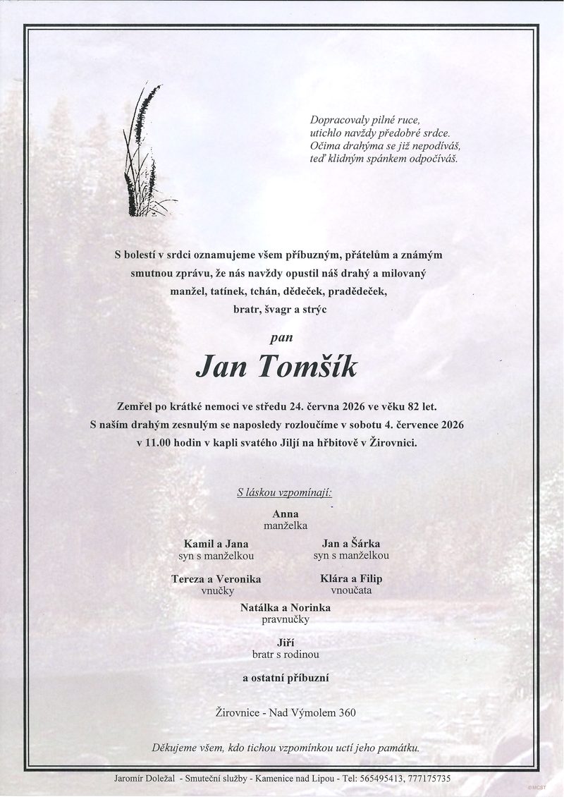 Smuteční oznámení – Jan Tomšík