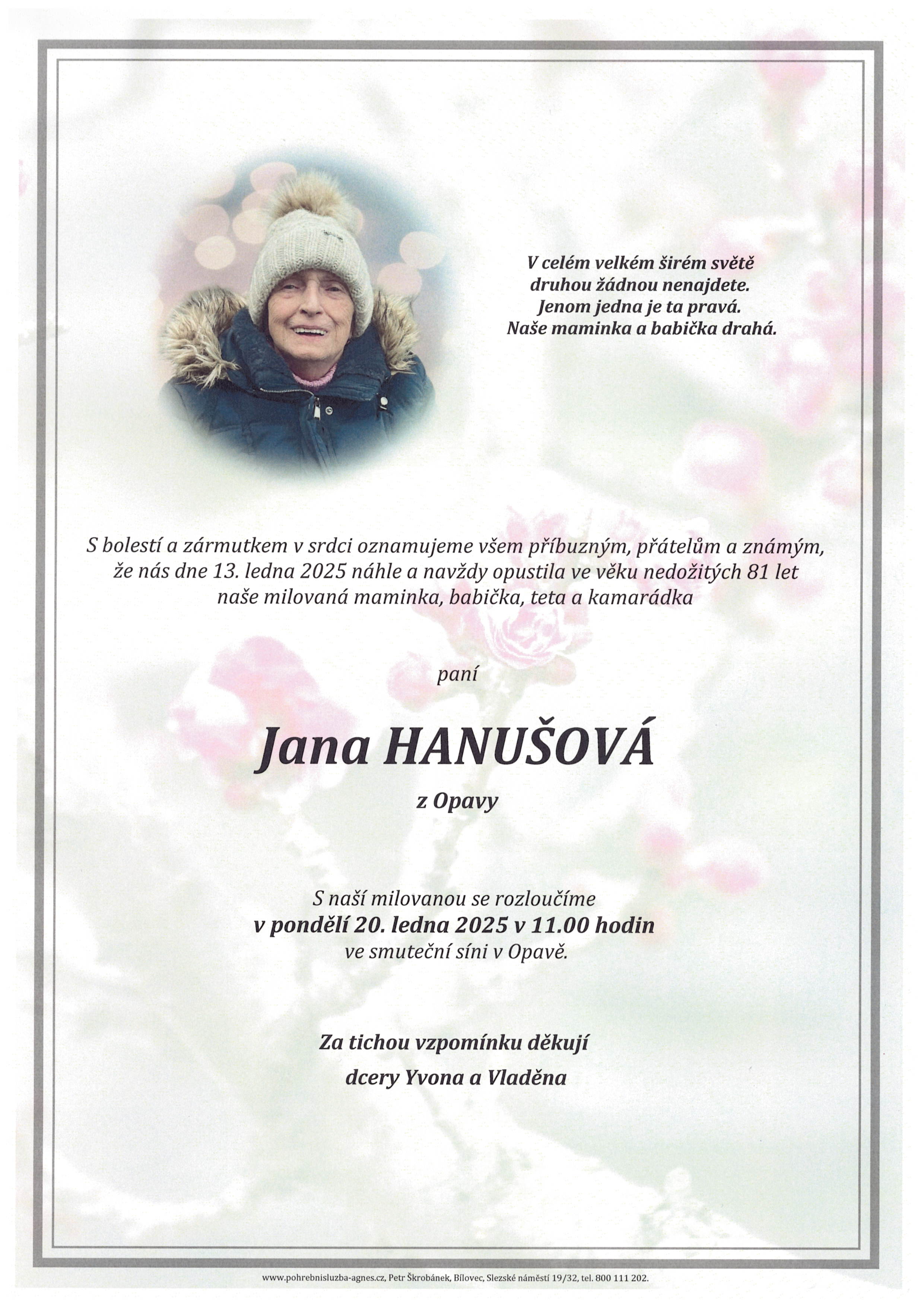Smuteční oznámení – Jana Hanušová