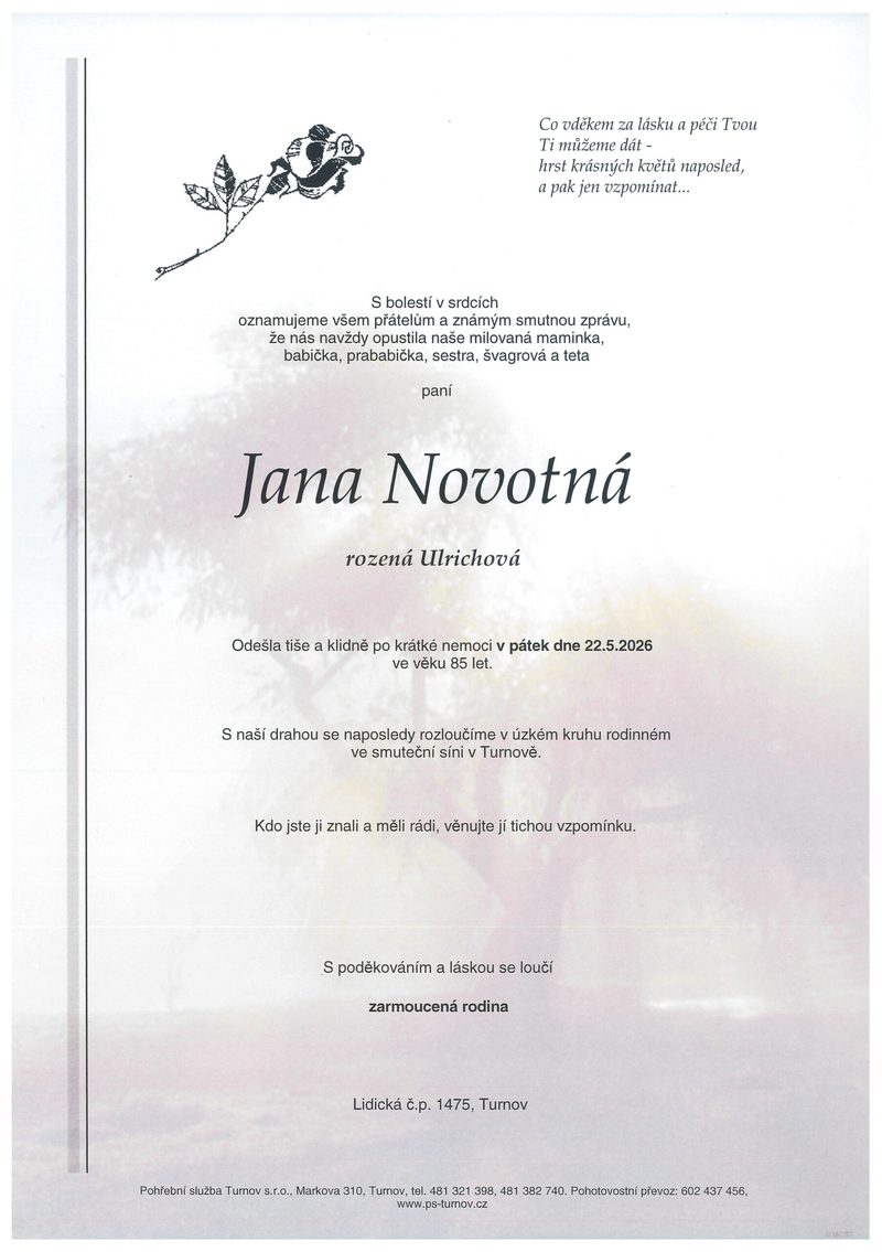 Smuteční oznámení – Jana Novotná