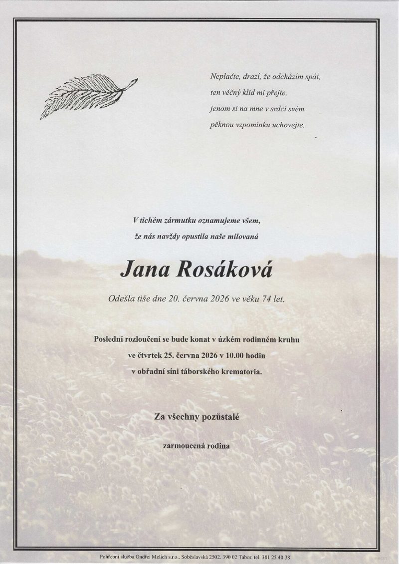 Smuteční oznámení – Jana Rosáková