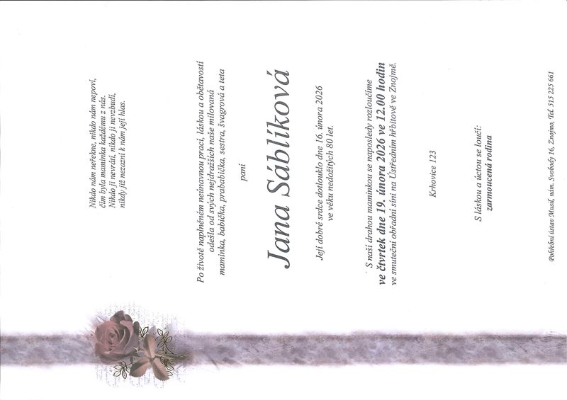 Smuteční oznámení – Jana Sáblíková