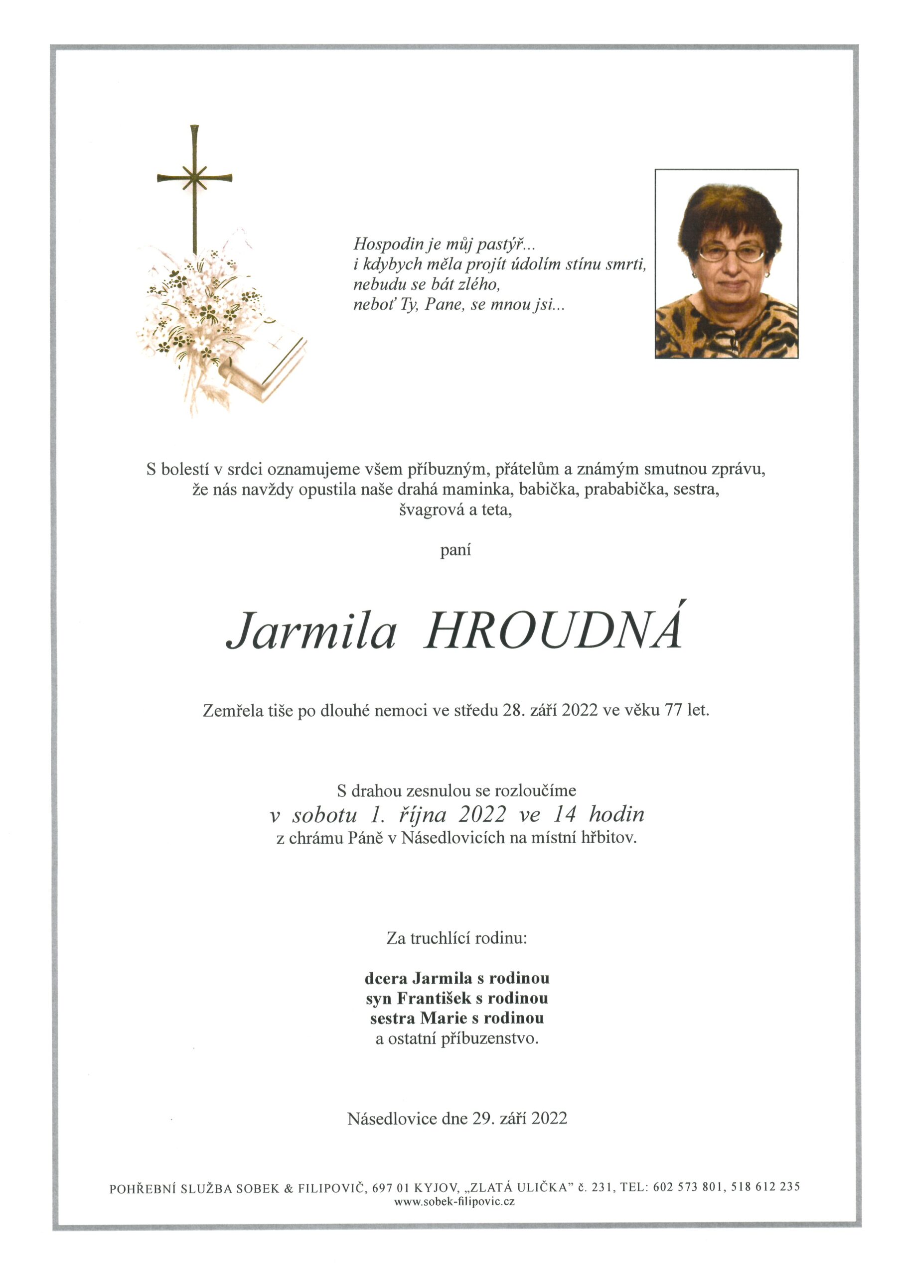 Smuteční oznámení – Jarmila Hroudná