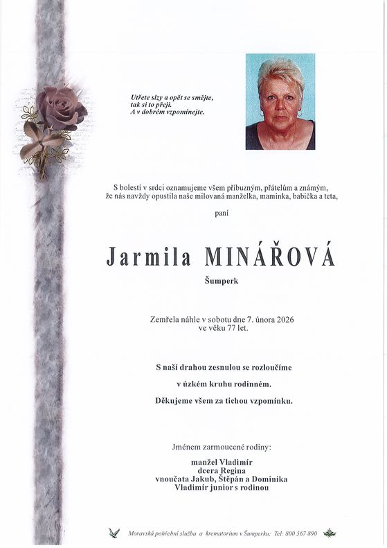 Smuteční oznámení – Jarmila Minářová