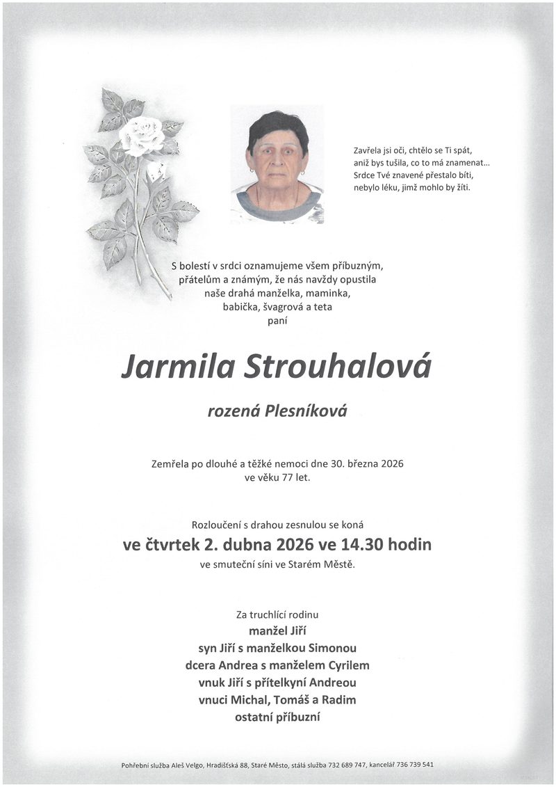 Smuteční oznámení – Jarmila Strouhalová