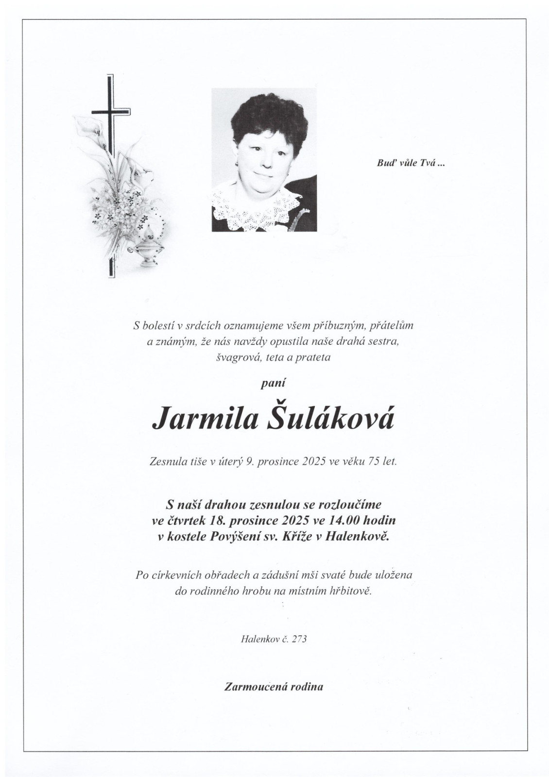 Smuteční oznámení – Jarmila Šuláková