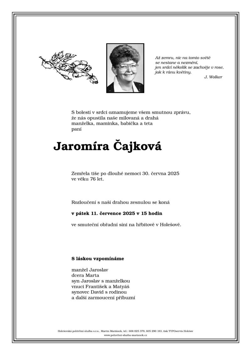 Smuteční oznámení – Jaromíra Čajková