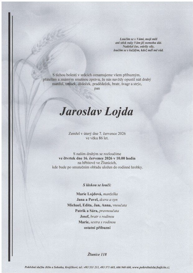 Smuteční oznámení – Jaroslav Lojda