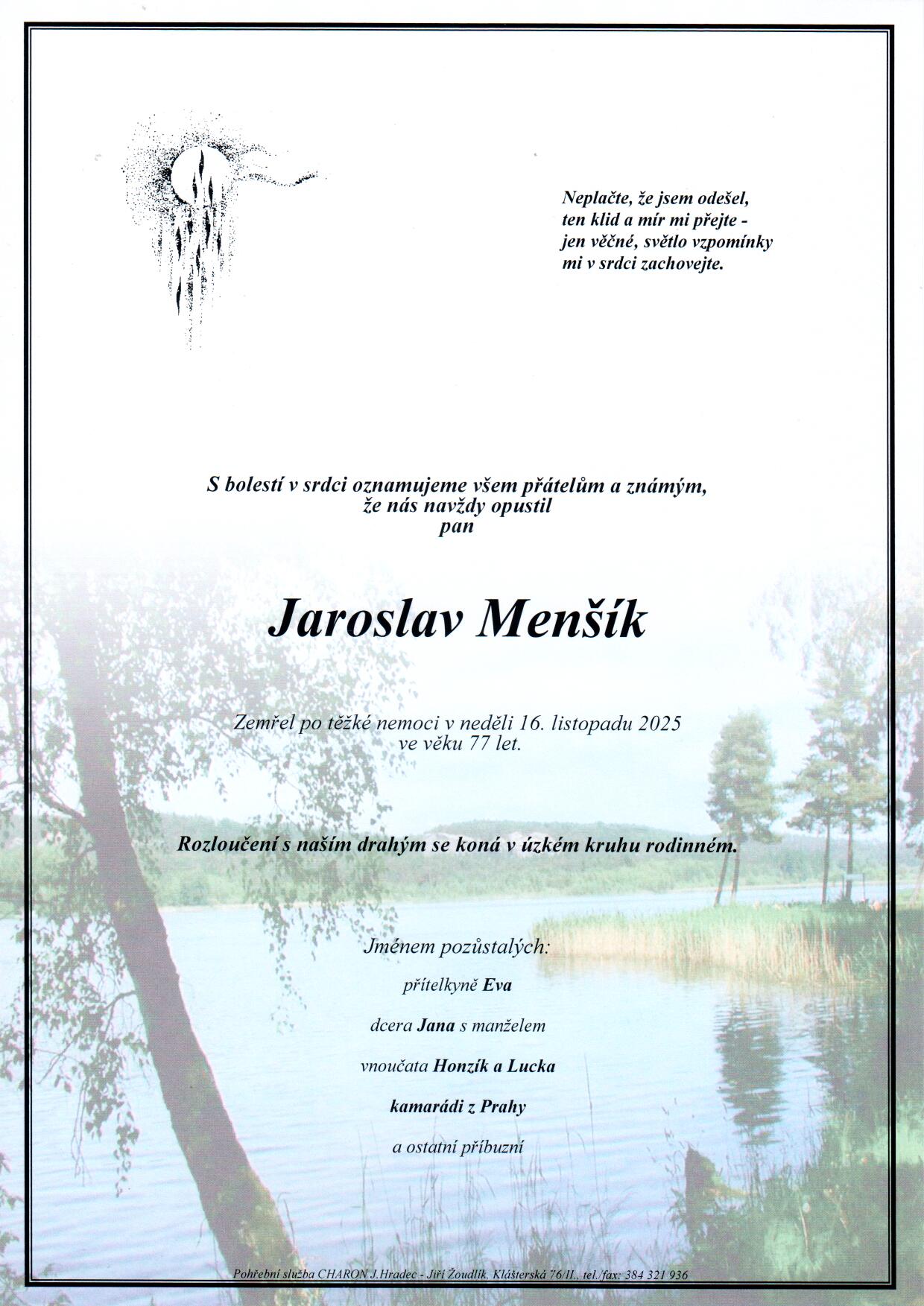 Smuteční oznámení – Jaroslav Menšík