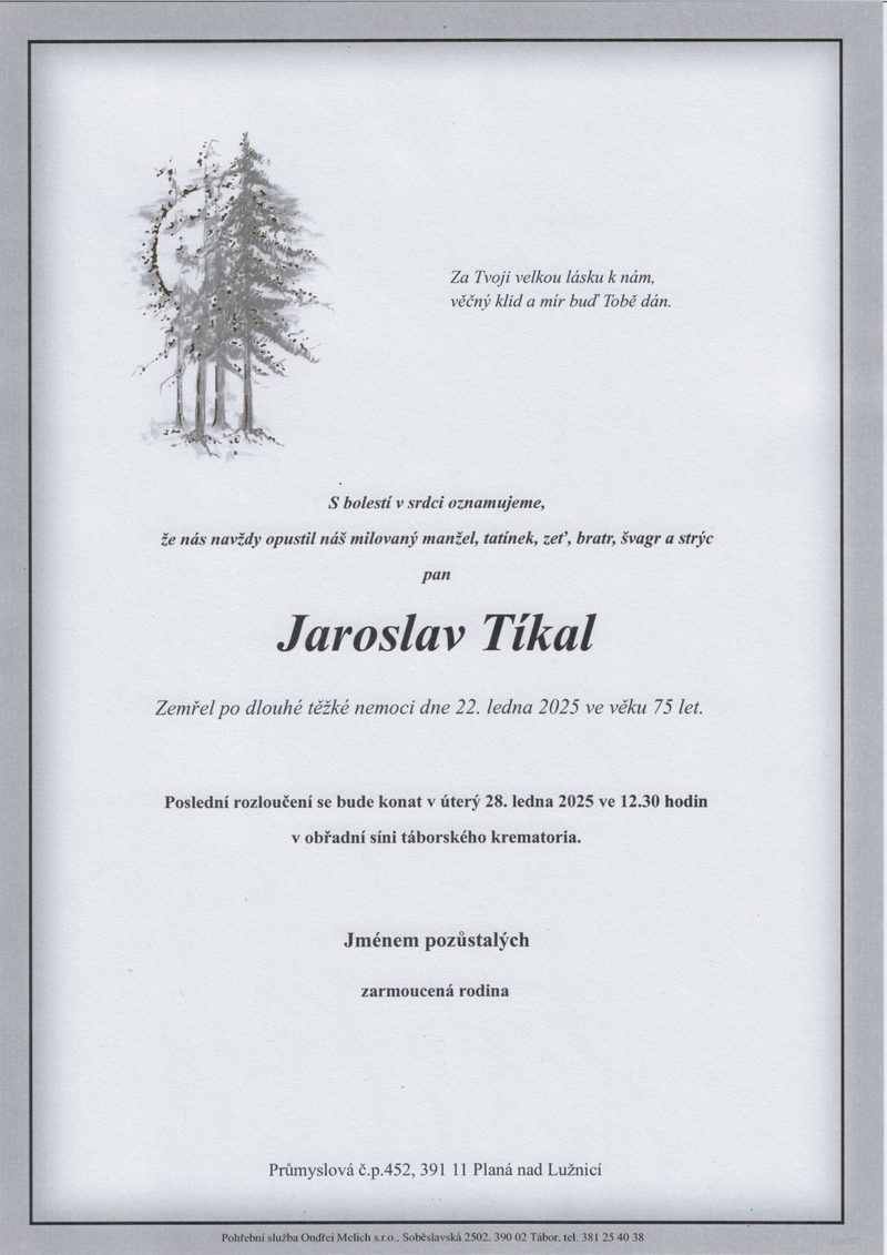 Smuteční oznámení – Jaroslav Tikal