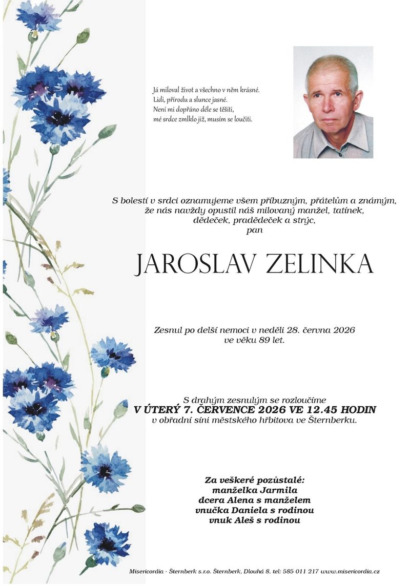Smuteční oznámení – Jaroslav Zelinka