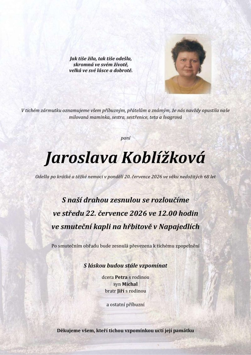 Smuteční oznámení – Jaroslava Koblížková